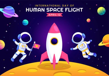 Uluslararası İnsan Uzay Uçuş Vektörü İllüstrasyonu Günü 12 Nisan 'da Astronot Ay' da, Verici Uyduları ve Gezegenleri ile