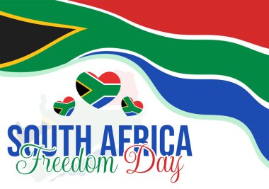 Mutlu Güney Afrika Özgürlük Günü Vektör Resimleri 27 Nisan 'da Ulusal Bayram Düz Arkaplan Tasarımı' nda Sallanan Bayrak ve Kurdele ile