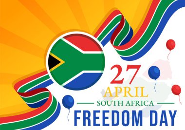 Mutlu Güney Afrika Özgürlük Günü Vektör Resimleri 27 Nisan 'da Ulusal Bayram Düz Arkaplan Tasarımı' nda Sallanan Bayrak ve Kurdele ile