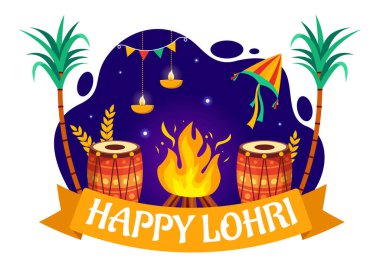 Punjab Hindistan 'daki Mutlu Lohri Festivali Dans ve Kutlama Şenlik Ateşi' nin Davul ve uçurtmalarla Düz Çizgi Film Arkaplanda Vektör İlülasyonu