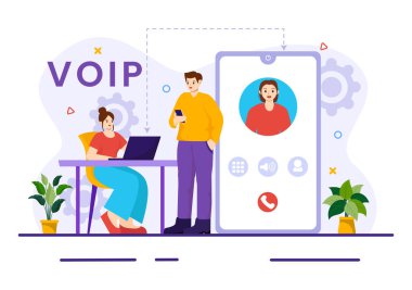 Düz Arkaplanda Telefon Şeması Teknolojisi ve Ağ Telefon Çağrı Yazılımı ile İnternet Üzerindeki Ses Protokolü Vektör İllüzyonu