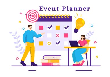 Planlama Zamanlaması, Zaman Yönetimi, İş Gündemi ve Düz Çizgi Film Arkaplanındaki Takvim Konsepti ile Olay Planlayıcı Vektör Resimleri