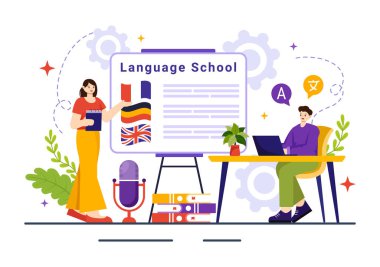 Çevrimiçi Öğrenme, Kurslar, Eğitim Programı ve Yurtdışında Yabancı Hallolara Dil Öğreniminin Dil Okulu Vektör İlülasyonu Düz Arkaplanda