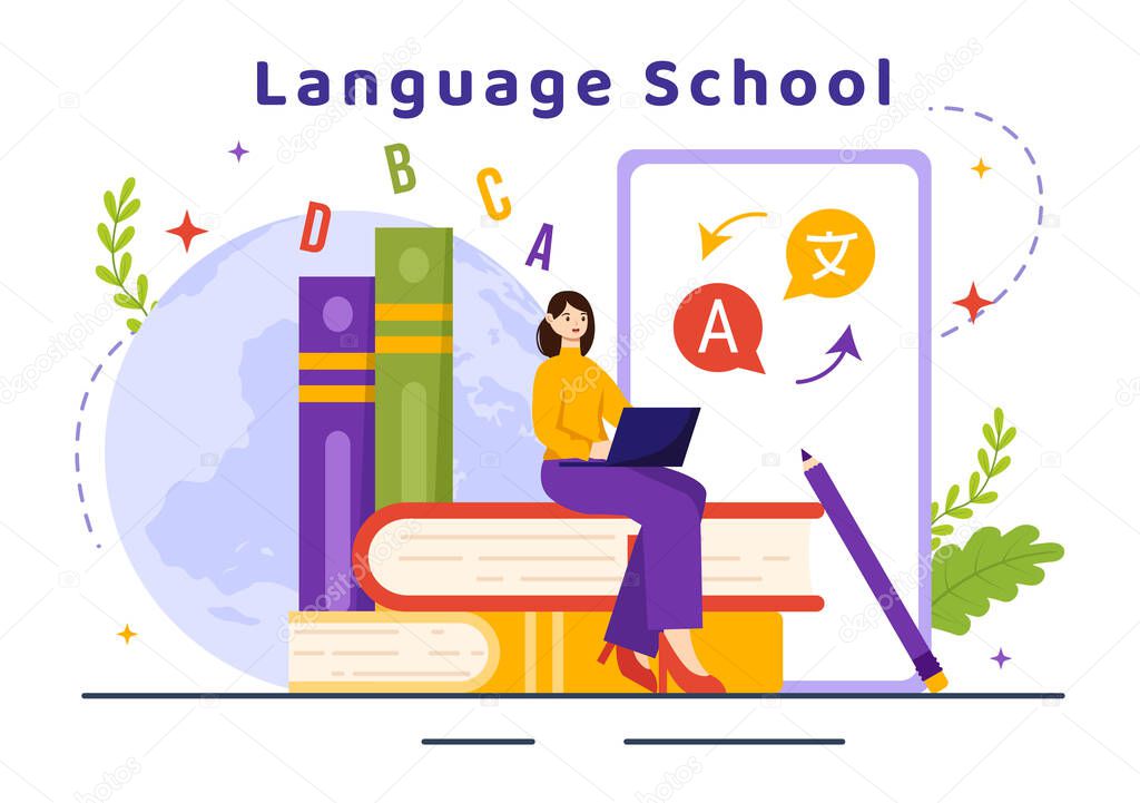 Language School Vector Illustration of Online Learning, Courses, Training Program and Study Foreign Hallo Languages Abroad in Flat Background