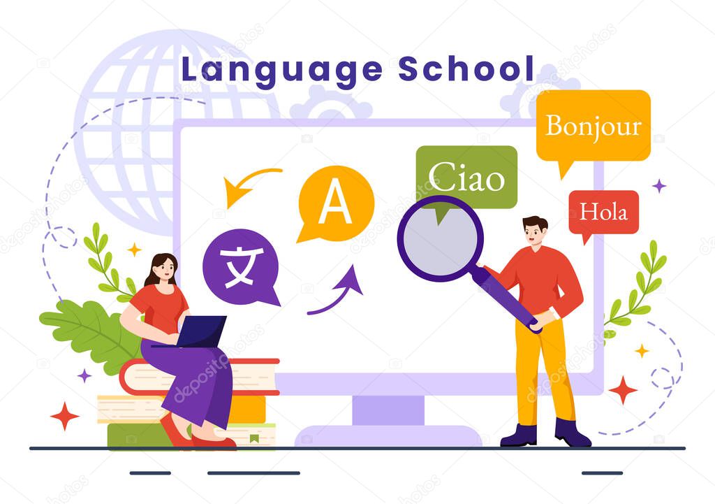 Language School Vector Illustration of Online Learning, Courses, Training Program and Study Foreign Hallo Languages Abroad in Flat Background