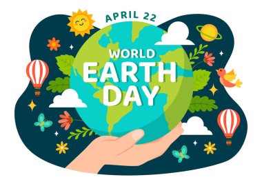 Dünya Günü Vektör İllüstrasyonu 22 Nisan 'da Dünya Haritası ve Bitkileri ya da Çevresel Çevrede Yeşillik Farkındalığı İçin Ağaçlar Çizgi Film Arkaplanı