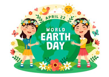 22 Nisan 'da Çocuklar, Dünya Haritası ve Bitkileri ya da Çevresel Çevrede Yeşillik Farkındalığı İçin Ağaçlarla Dünya Günü Vektör İlülasyonu