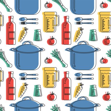 Düz Çizgi Film Şablonu El Çiziminde Yemek Pişirme Ekipmanları Kusursuz Desenli Tasarım Çizimi