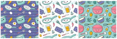 Düz Çizgi Film Şablonu El Çiziminde Yemek Pişirme Ekipmanı Kusursuz Desenli Tasarım Çizimi