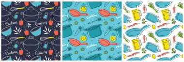 Düz Çizgi Film Şablonu El Çiziminde Yemek Pişirme Ekipmanı Kusursuz Desenli Tasarım Çizimi