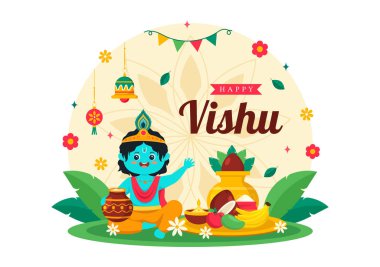 Krishna, Geleneksel Kerala Kani, Ulusal Tatil Düz Çizgi Filminde Meyve ve Sebzelerle Mutlu Vishu Festivali Vektör Resimleri