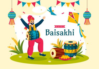 Baisakhi Vector İllüstrasyonunuz kutlu olsun. Vaisakhi Punjabi Bahar Hasat Festivali Davul ve Kite ile Tatil Karikatür Arkaplanı 'nda.