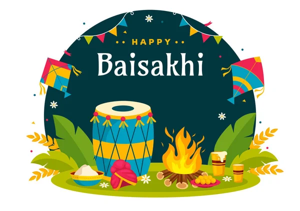 Baisakhi Vector İllüstrasyonunuz kutlu olsun. Vaisakhi Punjabi Bahar Hasat Festivali Davul ve Kite ile Tatil Karikatür Arkaplanı 'nda.