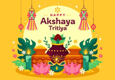 Geleneksel Hindu Tatili 'nde Dhanteras için Altın Kalaş, Mum, Altın Para ve Altın Paralarla Akshaya Tritiya Festivali Vektör İlülasyonu