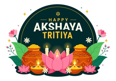 Geleneksel Hindu Tatili 'nde Dhanteras için Altın Kalaş, Mum, Altın Para ve Altın Paralarla Akshaya Tritiya Festivali Vektör İlülasyonu