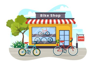 Bisiklet Dükkanı Vektör İllüstrasyonunda İnsanlar Bisiklet, Aksesuar veya Düz Çizgi Film Tasarımı İçin Teçhizat Seçiyor