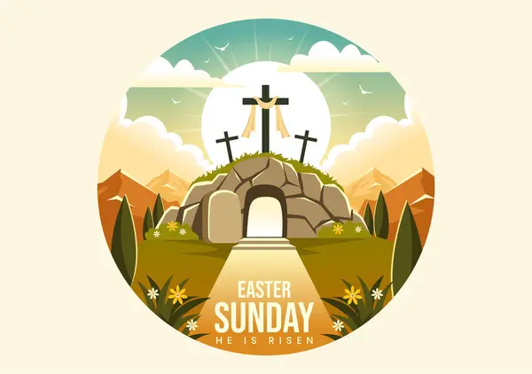 Праздником Пасхи Векторная Иллюстрация Иисуса Воскрес Празднует Воскресение Пещерой Крестом Стоковая Иллюстрация