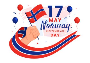 Norveç Bağımsızlık Günü Vektör Resimleri 17 Mayıs 'ta Ulusal Bayram Kutlama Düz Çizgi Filmi Arkaplanında Norveç Bayrağı ve Şeridi ile