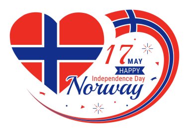 Norveç Bağımsızlık Günü Vektör Resimleri 17 Mayıs 'ta Ulusal Bayram Kutlama Düz Çizgi Filmi Arkaplanında Norveç Bayrağı ve Şeridi ile