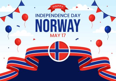 Norveç Bağımsızlık Günü Vektör Resimleri 17 Mayıs 'ta Ulusal Bayram Kutlama Düz Çizgi Filmi Arkaplanında Norveç Bayrağı ve Şeridi ile