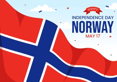 Norveç Bağımsızlık Günü Vektör Resimleri 17 Mayıs 'ta Ulusal Bayram Kutlama Düz Çizgi Filmi Arkaplanında Norveç Bayrağı ve Şeridi ile