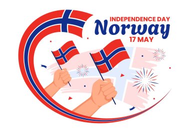Norveç Bağımsızlık Günü Vektör Resimleri 17 Mayıs 'ta Ulusal Bayram Kutlama Düz Çizgi Filmi Arkaplanında Norveç Bayrağı ve Şeridi ile