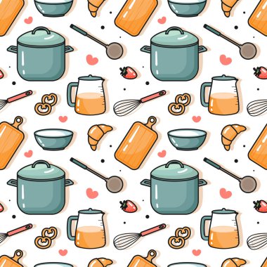 Düz Çizgi Film Şablonu El Çiziminde Yemek Pişirme Ekipmanları Kusursuz Desenli Tasarım Çizimi