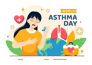 Dünya Astım Günü Vektör İllüstrasyonu 2 Mayıs 'ta Spreyer, Tıbbi Ekipman ve Sağlık Önleme Akciğerleriyle Sağlık Hizmetleri Düz Çizgi Filmlerinde