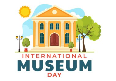 Uluslararası Müze Günü Vektör İllüstrasyonu 18 Mayıs 'ta Düz Çizgi Film Arkaplan Tasarımı' ndaki İnşaat Galerisi veya Sanat Çalışmalarıyla