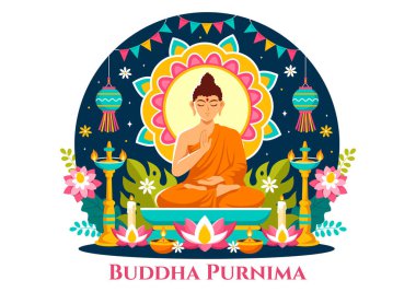 Vesak Günü 'nün Buda Purnima Vektör İllüstrasyonu ya da Düz Çizgi Film Arkaplanında Derin Meditasyon İçin Hint Festivali