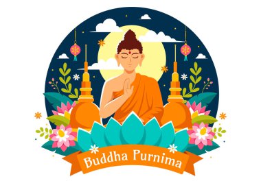 Vesak Günü 'nün Buda Purnima Vektör İllüstrasyonu ya da Düz Çizgi Film Arkaplanında Derin Meditasyon İçin Hint Festivali