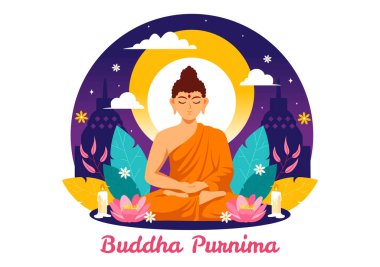 Vesak Günü 'nün Buda Purnima Vektör İllüstrasyonu ya da Düz Çizgi Film Arkaplanında Derin Meditasyon İçin Hint Festivali