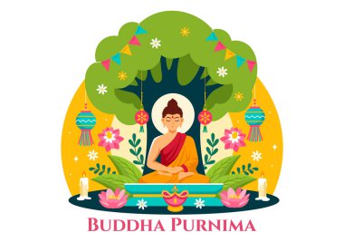 Vesak Günü 'nün Buda Purnima Vektör İllüstrasyonu ya da Düz Çizgi Film Arkaplanında Derin Meditasyon İçin Hint Festivali