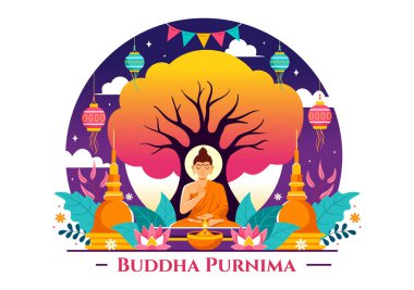 Vesak Günü 'nün Buda Purnima Vektör İllüstrasyonu ya da Düz Çizgi Film Arkaplanında Derin Meditasyon İçin Hint Festivali