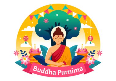 Vesak Günü 'nün Buda Purnima Vektör İllüstrasyonu ya da Düz Çizgi Film Arkaplanında Derin Meditasyon İçin Hint Festivali