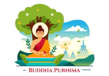 Vesak Günü 'nün Buda Purnima Vektör İllüstrasyonu ya da Düz Çizgi Film Arkaplanında Derin Meditasyon İçin Hint Festivali