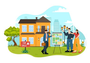 Bridging Yatırımcılarla Arazi Simsarları İllüstrasyonu Ya da Satanlar Alış, Kiralama ve Satım Aracı Düz Çizgi Film Arkaplanında