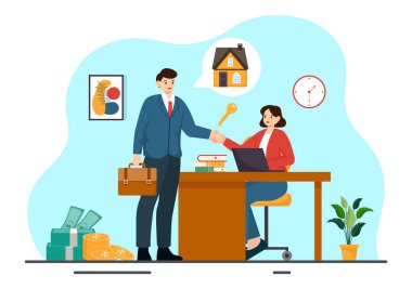 Bridging Yatırımcılarla Arazi Simsarları İllüstrasyonu Ya da Satanlar Alış, Kiralama ve Satım Aracı Düz Çizgi Film Arkaplanında