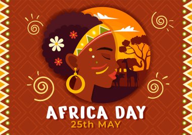 25 Mayıs 'ta Flora ve Hayvanat Bahçesinde Kültür Afrika Kabilesi Figürleri ve Tipik Hayvanlarla Mutlu Afrika Günü Vektör Resimleri