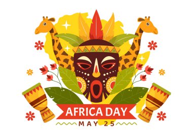 25 Mayıs 'ta Flora ve Hayvanat Bahçesinde Kültür Afrika Kabilesi Figürleri ve Tipik Hayvanlarla Mutlu Afrika Günü Vektör Resimleri