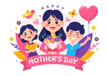 Mutlu Anneler Günü Bebek ve Anneler İçin Sevgi İllüstrasyonları Düz Çizgi Film Tasarımı 'nda Çiçek ve Hediye Konsepti