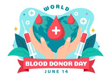 Dünya Kan Bağışı Günü Vektör İlülasyonu 14 Haziran 'da, Düz Çizgi Film Arkaplanında Hayatı Kurtarmak İçin İnsan Bağışlanan Kanlarla
