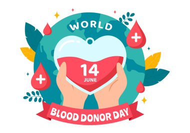 Dünya Kan Bağışı Günü Vektör İlülasyonu 14 Haziran 'da, Düz Çizgi Film Arkaplanında Hayatı Kurtarmak İçin İnsan Bağışlanan Kanlarla