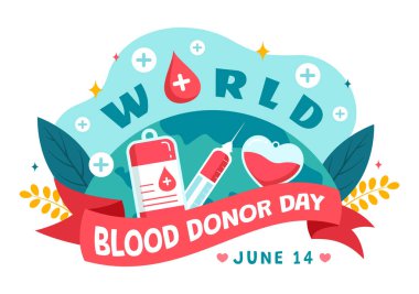 Dünya Kan Bağışı Günü Vektör İlülasyonu 14 Haziran 'da, Düz Çizgi Film Arkaplanında Hayatı Kurtarmak İçin İnsan Bağışlanan Kanlarla