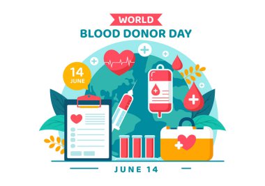 Dünya Kan Bağışı Günü Vektör İlülasyonu 14 Haziran 'da, Düz Çizgi Film Arkaplanında Hayatı Kurtarmak İçin İnsan Bağışlanan Kanlarla