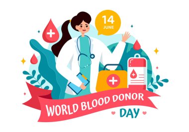 Dünya Kan Bağışı Günü Vektör İlülasyonu 14 Haziran 'da, Düz Çizgi Film Arkaplanında Hayatı Kurtarmak İçin İnsan Bağışlanan Kanlarla