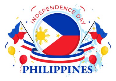Filipinler Bağımsızlık Günü Vektör İllüstrasyonu 12 Haziran 'da Ulusal Bayram Kutlaması Düztablosunda Sallanan Bayrak ve Kurdele
