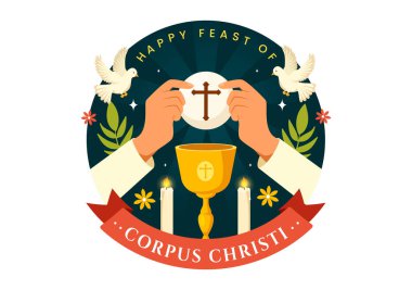 Corpus Christi Katolik Dini Vektör İllüstrasyonu Bayram Günü, Haç, Ekmek ve Üzümlerle Tatil Kutlaması Yasak Çizgi Film Geçmişi