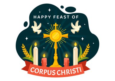 Corpus Christi Katolik Dini Vektör İllüstrasyonu Bayram Günü, Haç, Ekmek ve Üzümlerle Tatil Kutlaması Yasak Çizgi Film Geçmişi