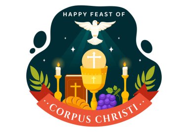 Corpus Christi Katolik Dini Vektör İllüstrasyonu Bayram Günü, Haç, Ekmek ve Üzümlerle Tatil Kutlaması Yasak Çizgi Film Geçmişi